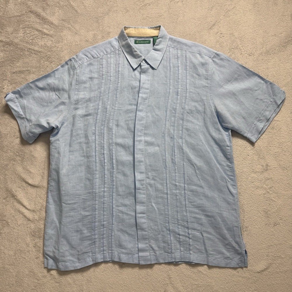Cubavera Mens XL Blue Linen Guayabera Shirt Trim Detail Short Sleeve Button Up
